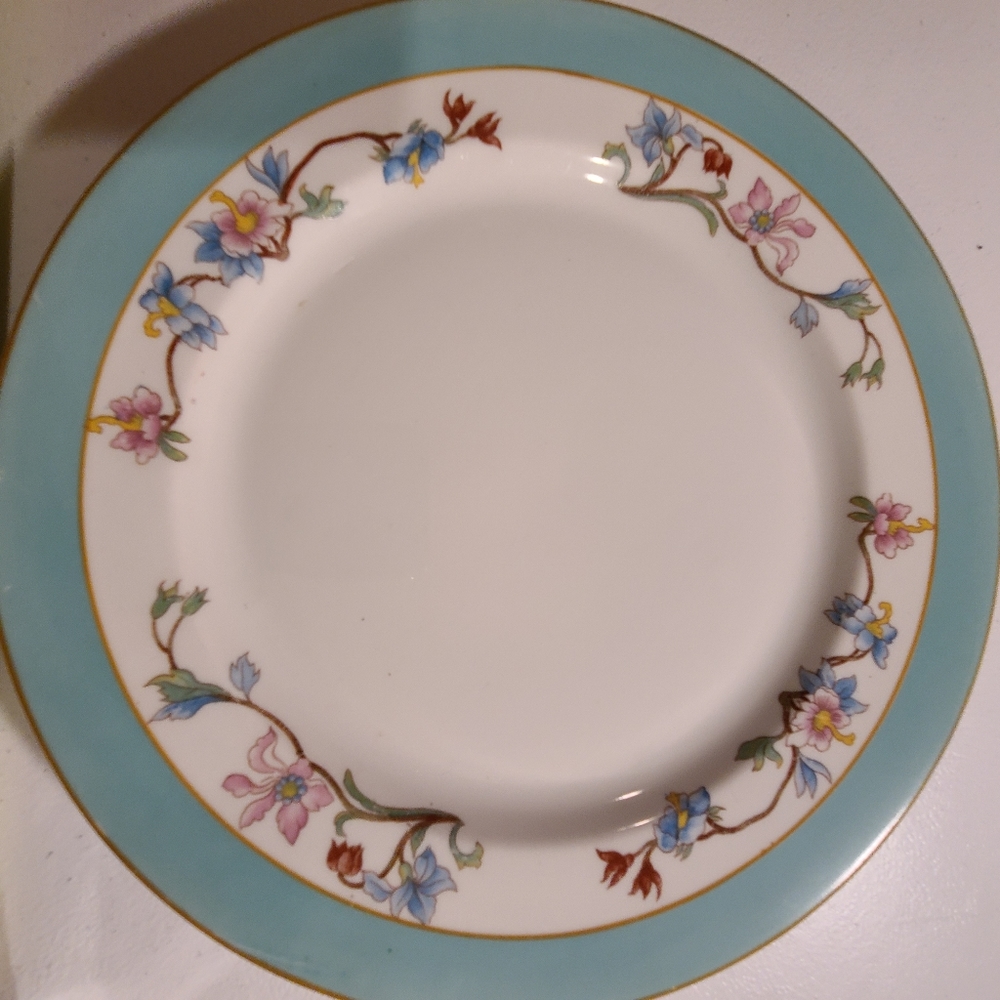 Syracuse China Dinner Plate Aqua and Gold Rim with Floral Pattern